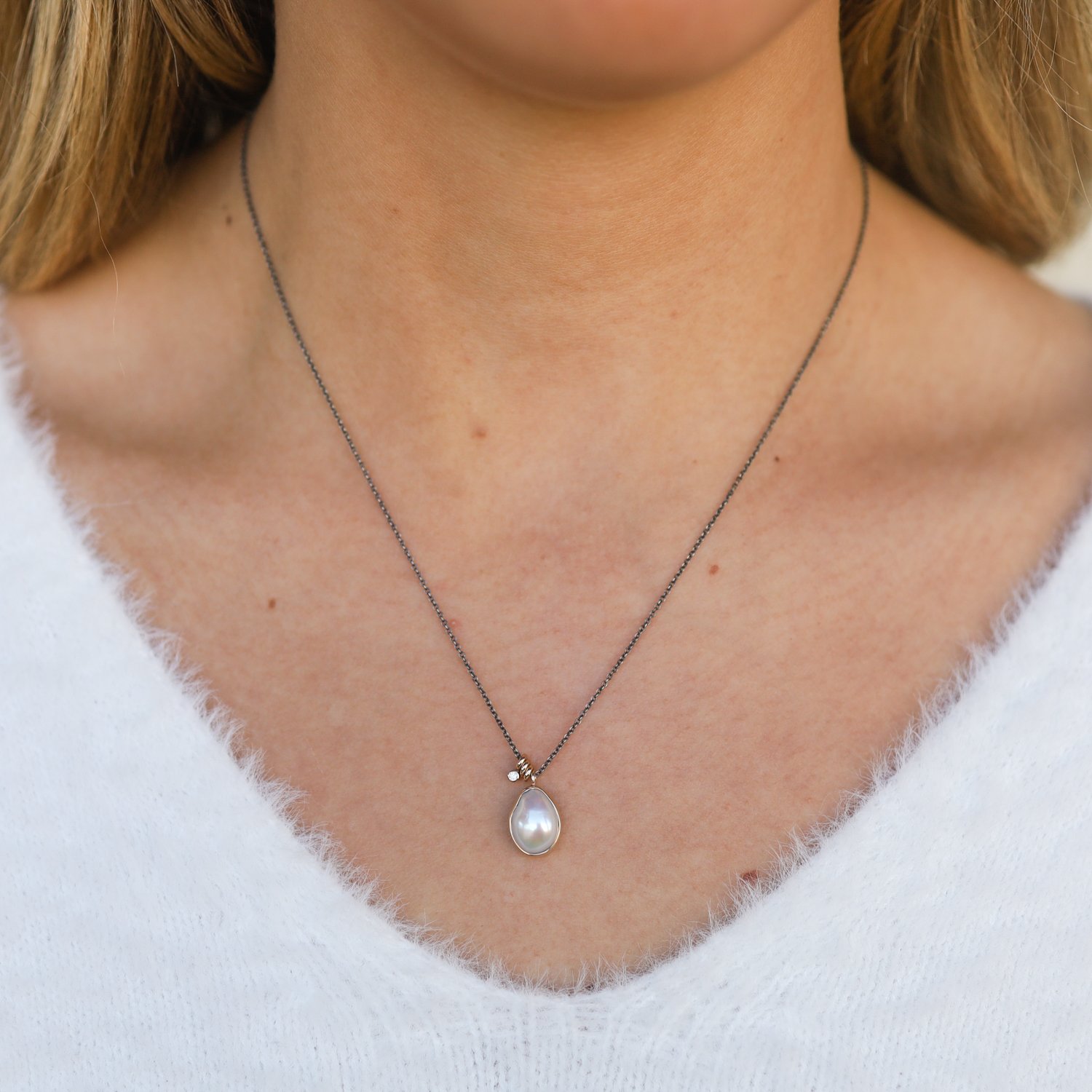 Jamie Joseph: Oxidized Sterling & 14K Gold Necklace w/ Asymmetrical WHITE PEARL in Sterling Backed Gold Bezel w/ .025 ct Diamond Accent & Triple Sliding Rings (18")