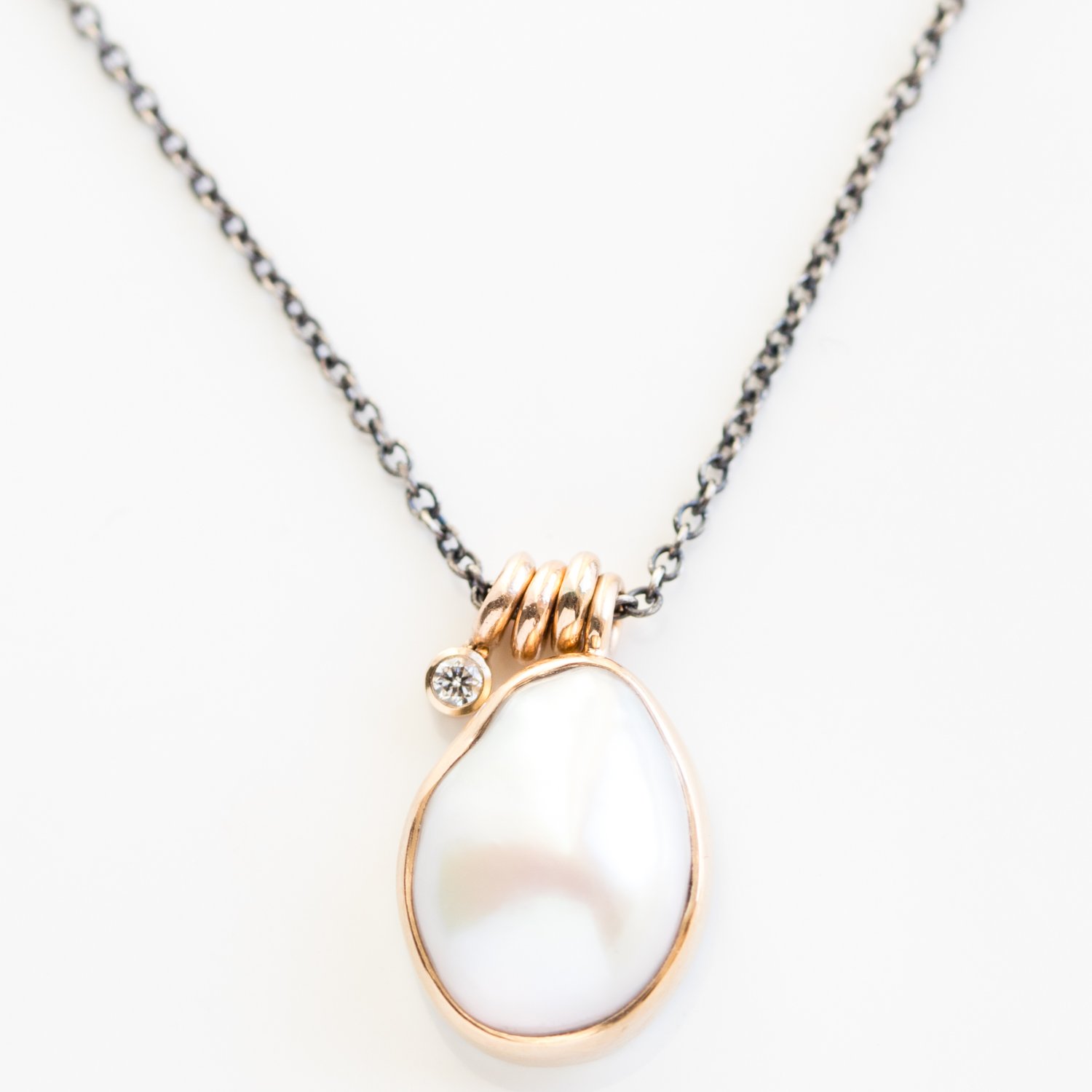 Jamie Joseph: Oxidized Sterling & 14K Gold Necklace w/ Asymmetrical WHITE PEARL in Sterling Backed Gold Bezel w/ .025 ct Diamond Accent & Triple Sliding Rings (18")