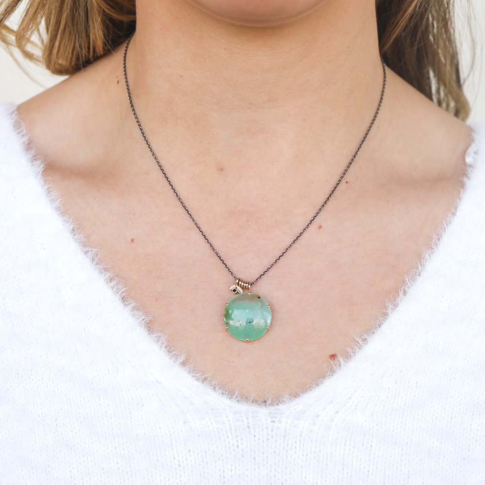 Jamie Joseph Trunk Show: Chrysoprase w black diamond double leaf accent 18"