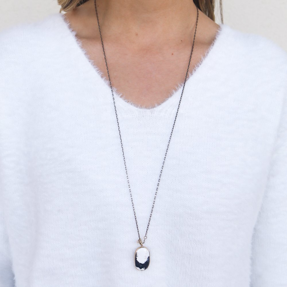 Jamie Joseph Trunk Show: Oxidized sterling & 14k gold convertible necklace w oval white buffalo turquoise in sterling backed gold bezel