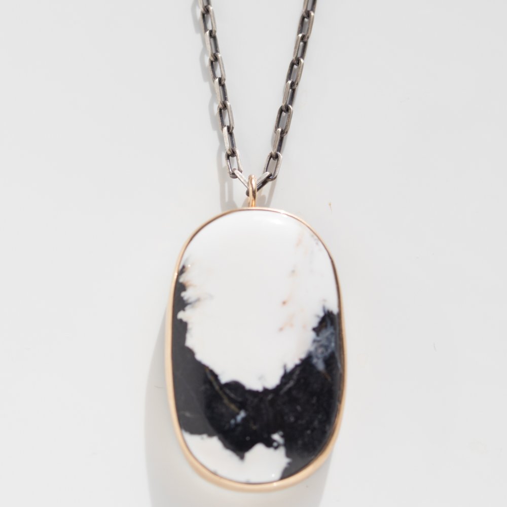Jamie Joseph Trunk Show: Oxidized sterling & 14k gold convertible necklace w oval white buffalo turquoise in sterling backed gold bezel