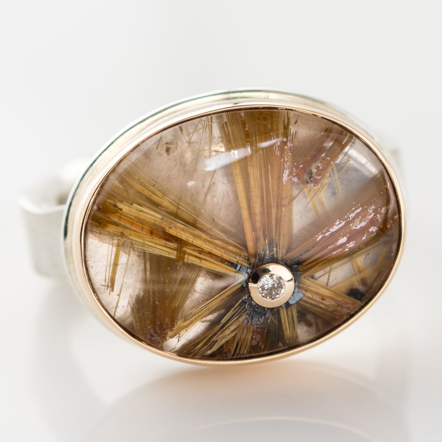 Jamie Joseph: Sterling & 14K Gold Ring w/ Oval Smooth STAR RUTILATED QUARTZ & .03 ct Diamond on Live Edge Band