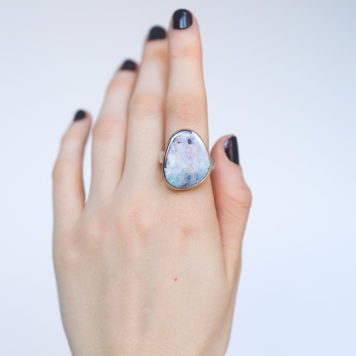 Jamie Joseph: Sterling & 14K Gold Ring w/ Vertical Asymmetrical BOULDER OPAL on Groovy Band