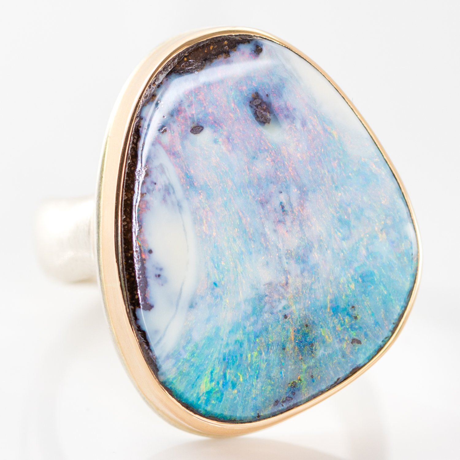 Jamie Joseph: Sterling & 14K Gold Ring w/ Vertical Asymmetrical BOULDER OPAL on Groovy Band