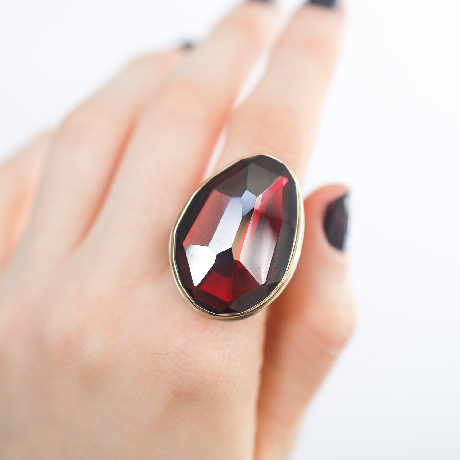 Jamie Joseph: Sterling & 14K Gold Ring w/ Large Vertical Asymmetrical Faceted RHODOLITE GARNET on Groovy Band