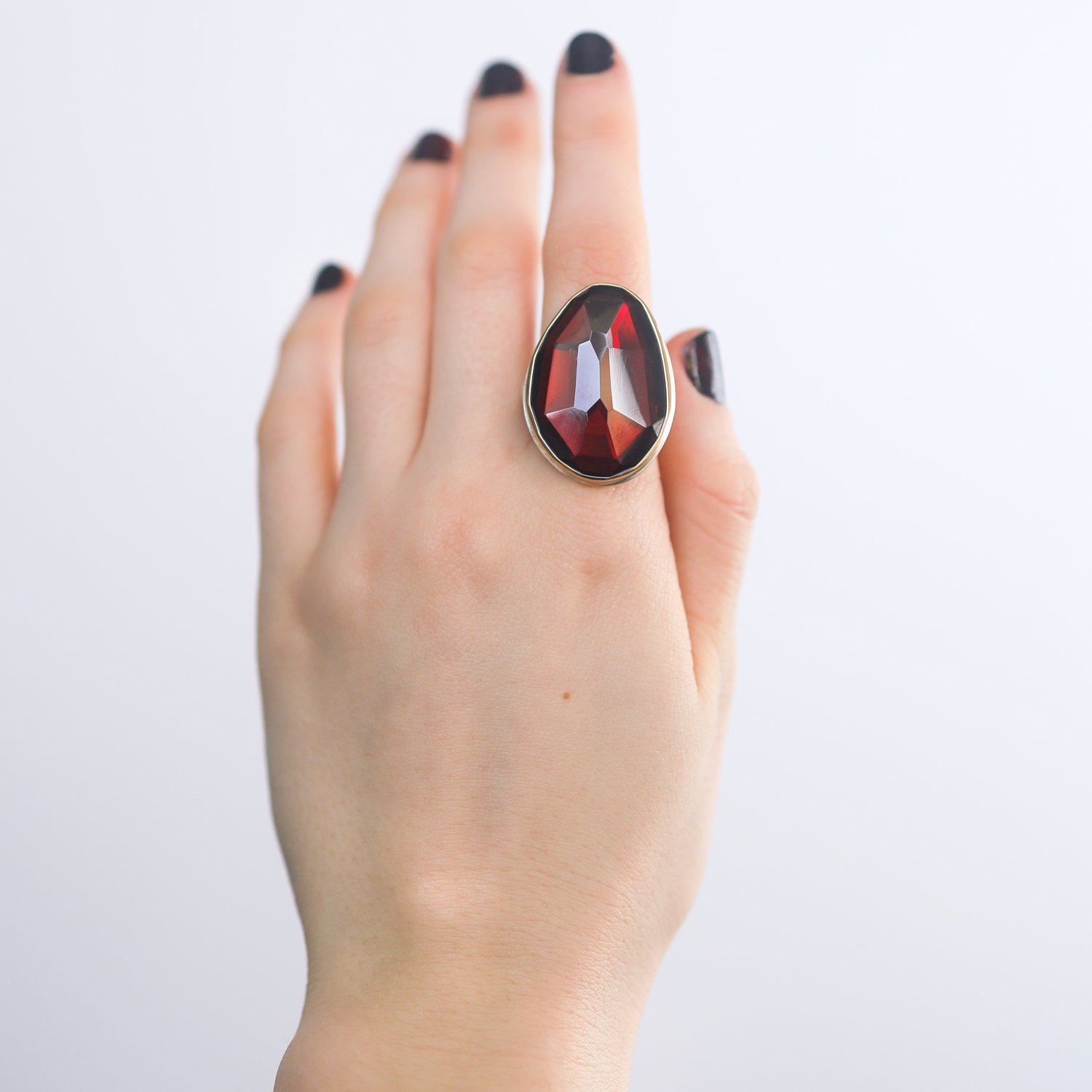 Jamie Joseph: Sterling & 14K Gold Ring w/ Large Vertical Asymmetrical Faceted RHODOLITE GARNET on Groovy Band