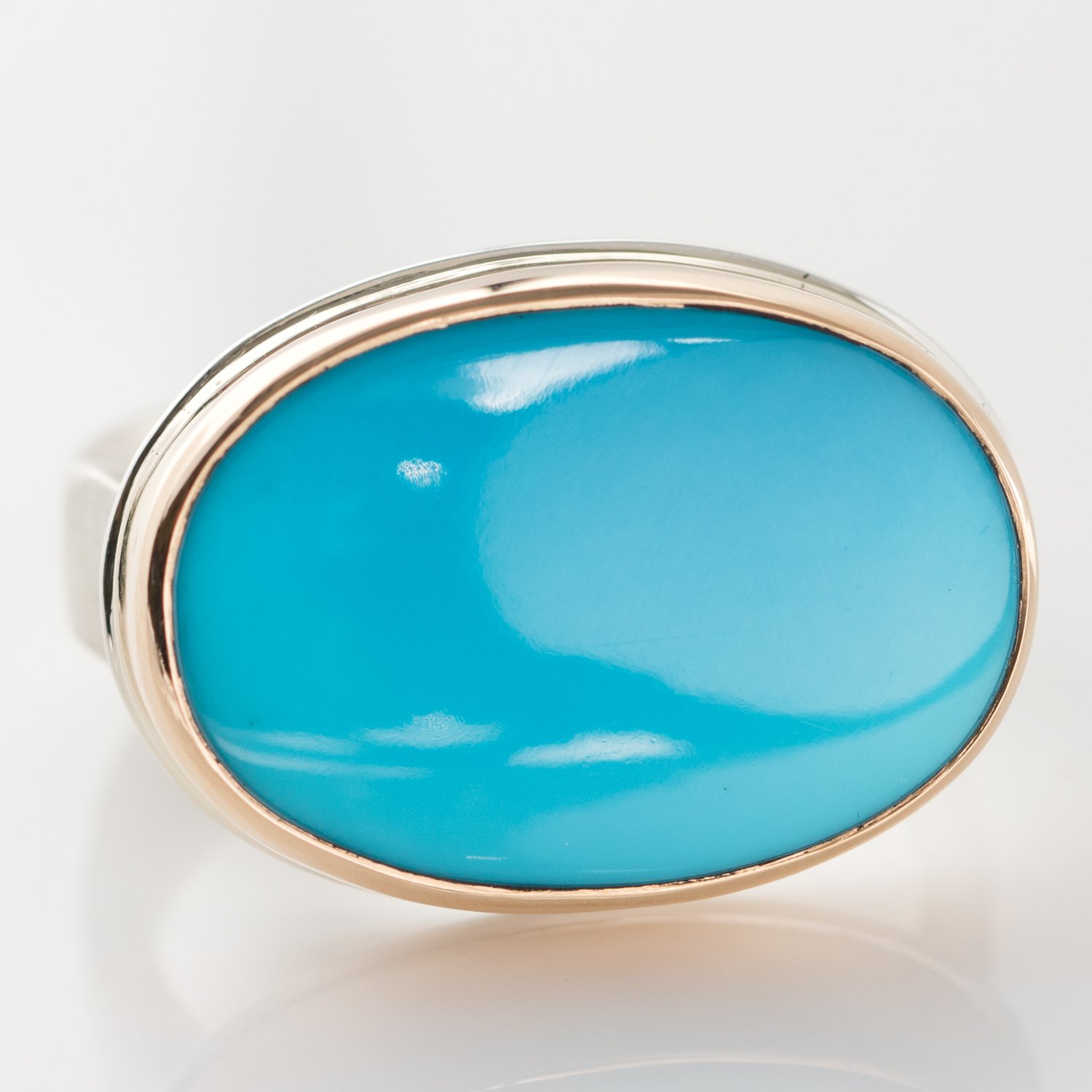 Jamie Joseph: Sterling & 14K Gold Ring w/ Oval Smooth SLEEPING BEAUTY TURQUOISE on Live Edge Band