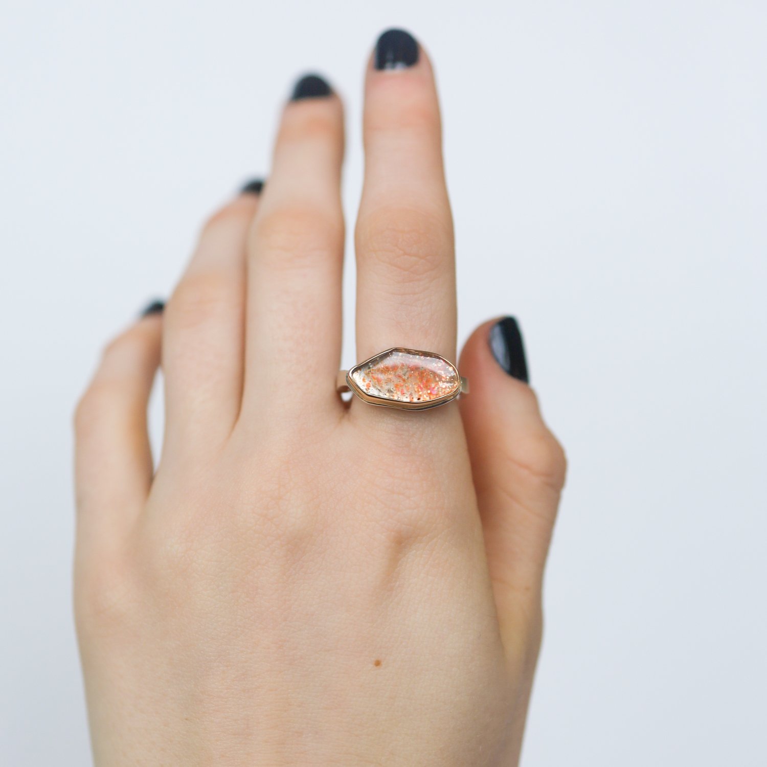 Jamie Joseph Trunk Show: Tiny Asymmetrical Rainbow Lattice African Sunstone Ring