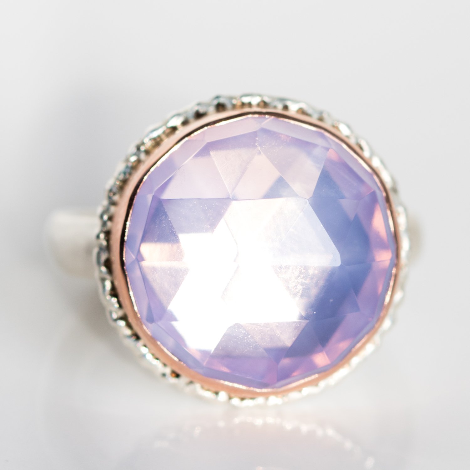 Jamie Joseph: Sterling & 14K Rose Gold Ring w/ Small Round Rose Cut LAVENDER AMETHYST on Lava Platform & Organic Band