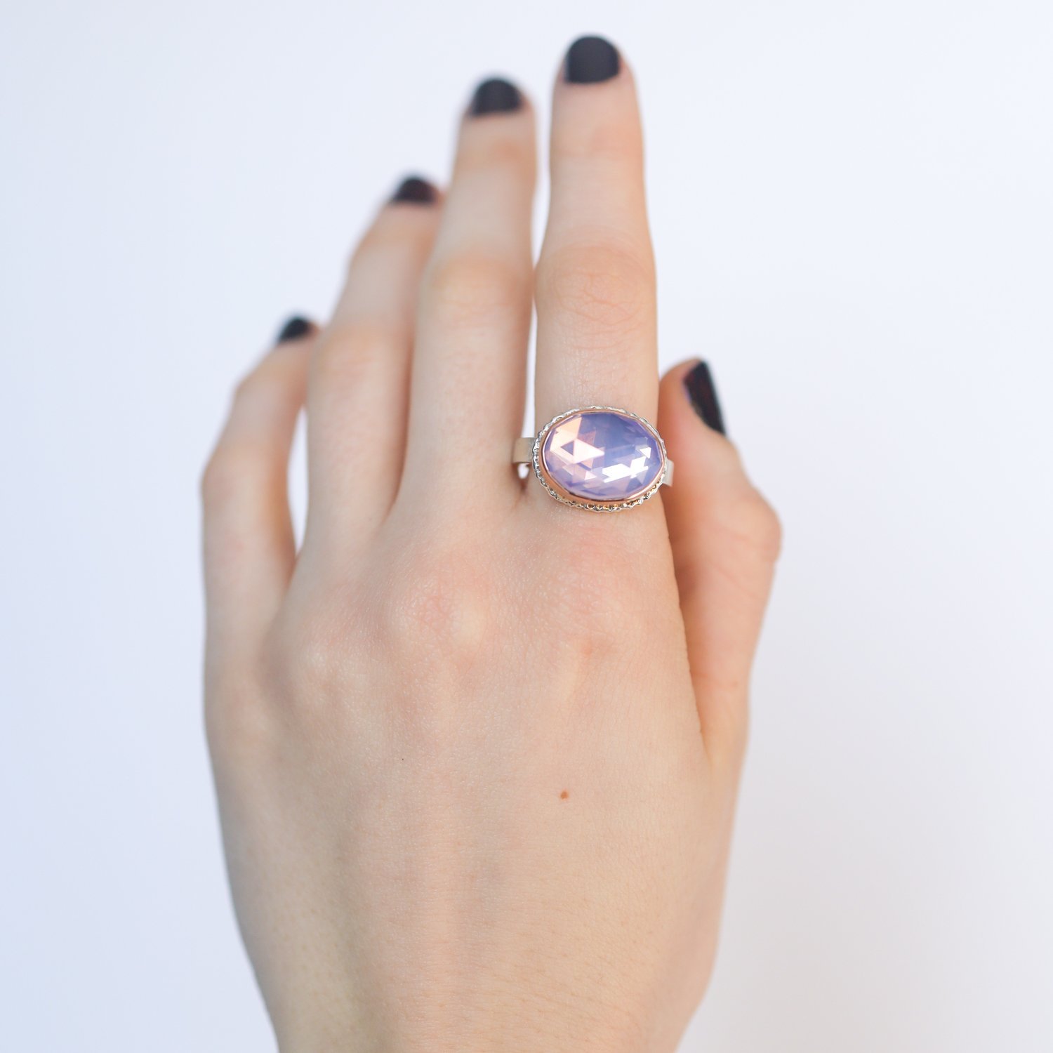 Jamie Joseph: Sterling & 14K Rose Gold Ring w/ Small Oval Rose Cut LAVENDER AMETHYST on Lava Platform and X Band