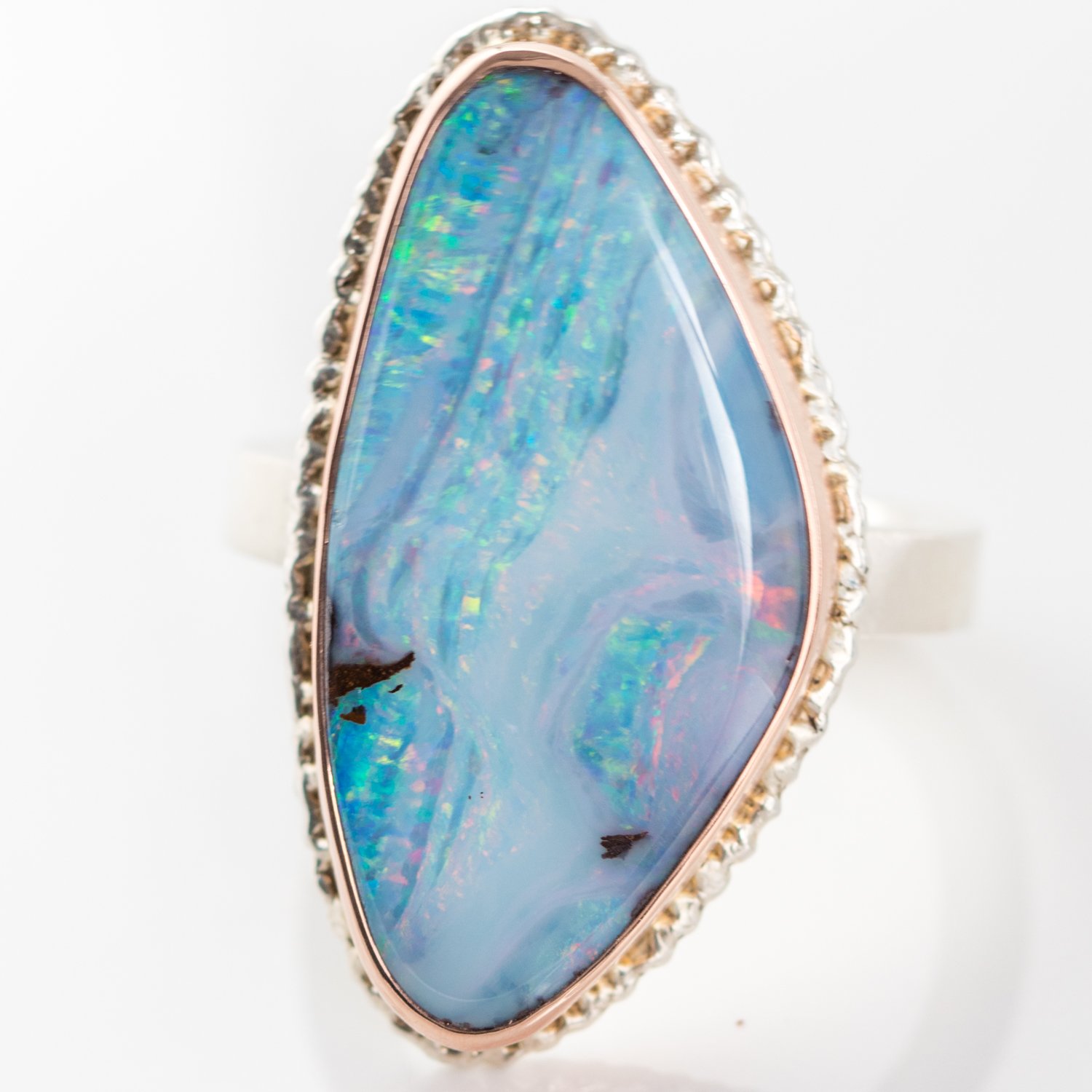 Jamie Joseph: Sterling & 14K Rose Gold Ring w/ Vertical Asymmetrical BOULDER OPAL on Lava Platform and X Band