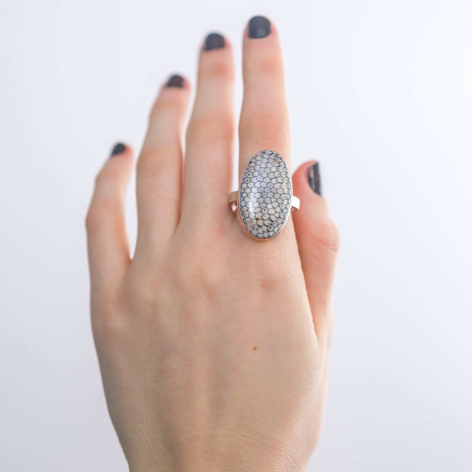 Jamie Joseph: Sterling & 14K Rose Gold Ring w/ Vertical Oval SNAKESKIN AGATE on X Band