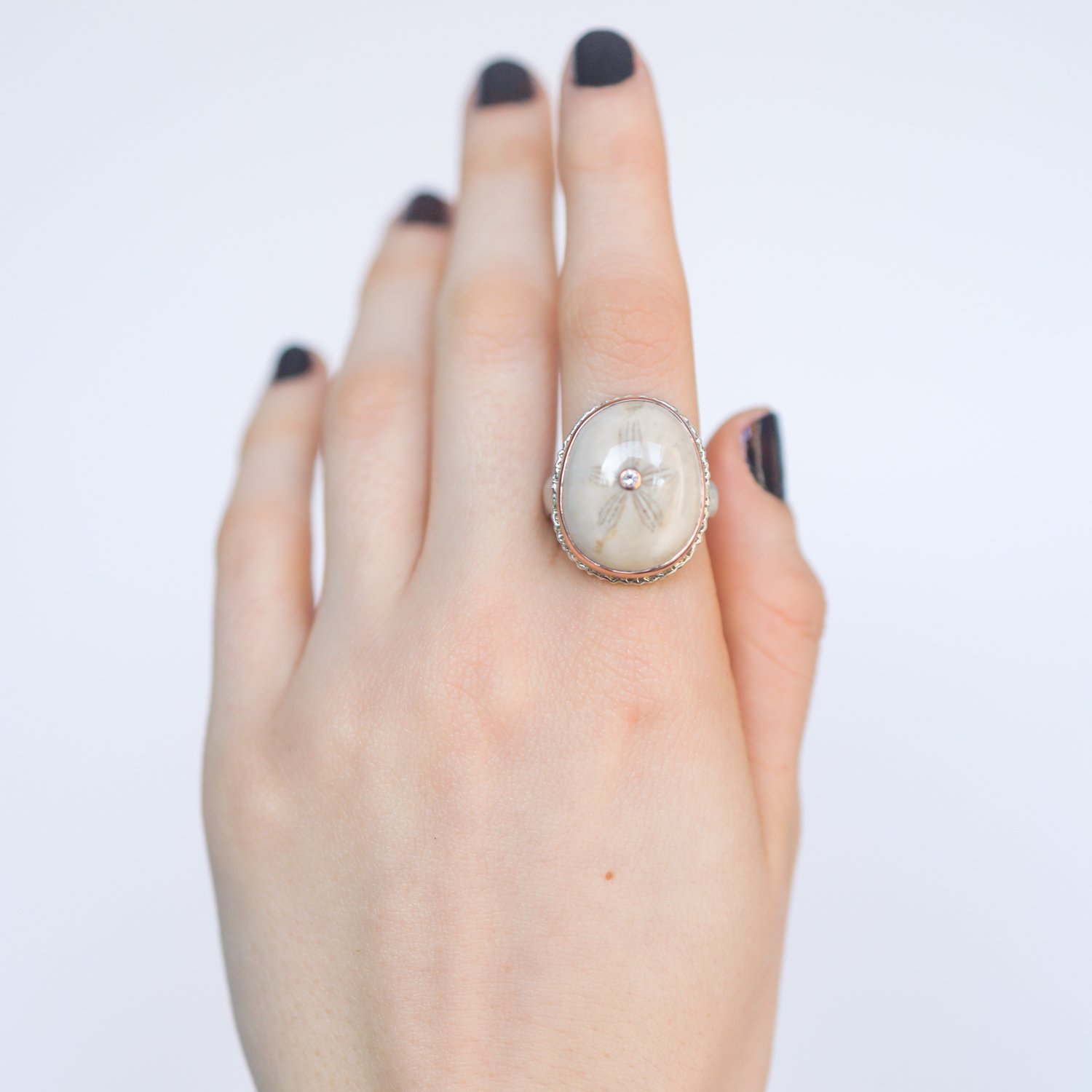 Jamie Joseph: Sterling & 14K Rose Gold Ring w/ Vertical Asymmetrical FOSSILIZED SAND DOLLAR & .03 ct Diamond on Lava Platform and Groovy band