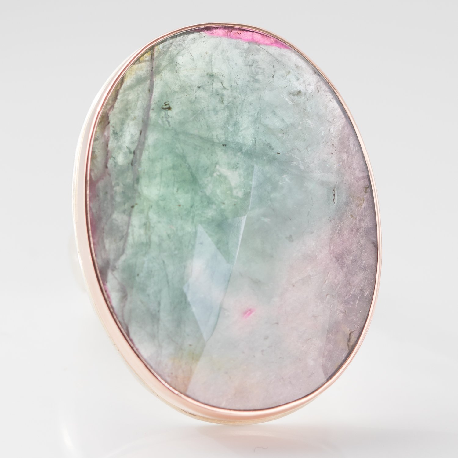 Jamie Joseph: Sterling & 14K Rose Gold Ring w/ Large Vertical Oval Rose Cut WATERMELON TOURMALINE on groovy band