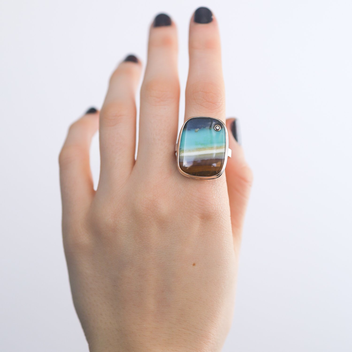 Jamie Joseph: Sterling & 14K Gold Ring w/ Vertical Rectangular INDONESIAN BLUE FOSSILIZED OPALIZED WOOD & .03 ct Black Diamond on X Band