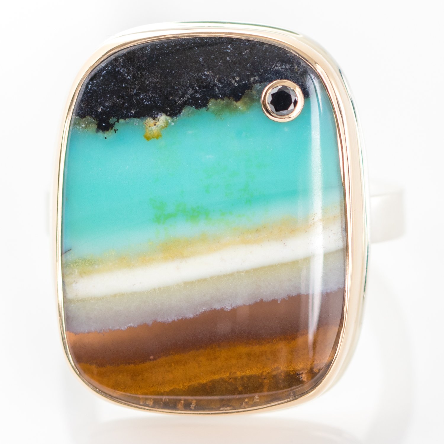 Jamie Joseph: Sterling & 14K Gold Ring w/ Vertical Rectangular INDONESIAN BLUE FOSSILIZED OPALIZED WOOD & .03 ct Black Diamond on X Band