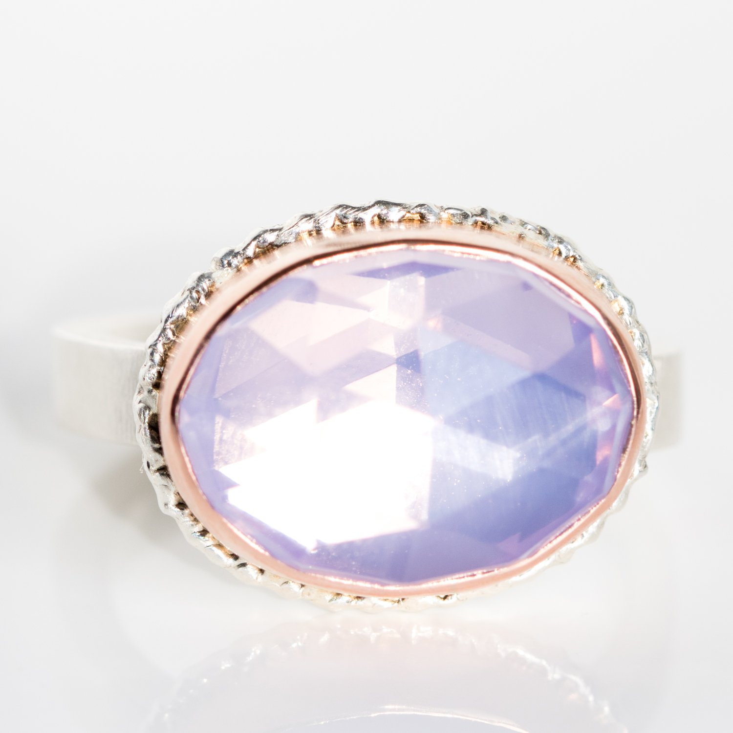 Jamie Joseph: Sterling & 14K Rose Gold Ring w/ Small Oval Rose Cut LAVENDER AMETHYST on Lava Platform and X Band