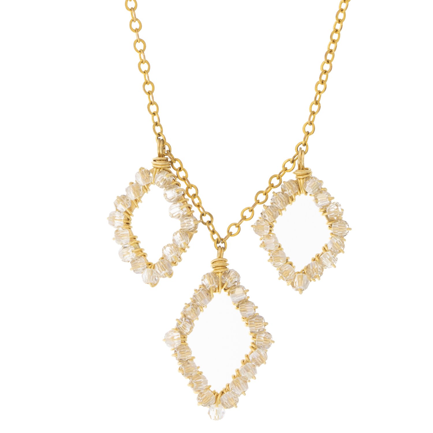 Dana Kellin: Necklace, Triple dangle, Clear Swarovski crystals, Gold fill, 17" in length.