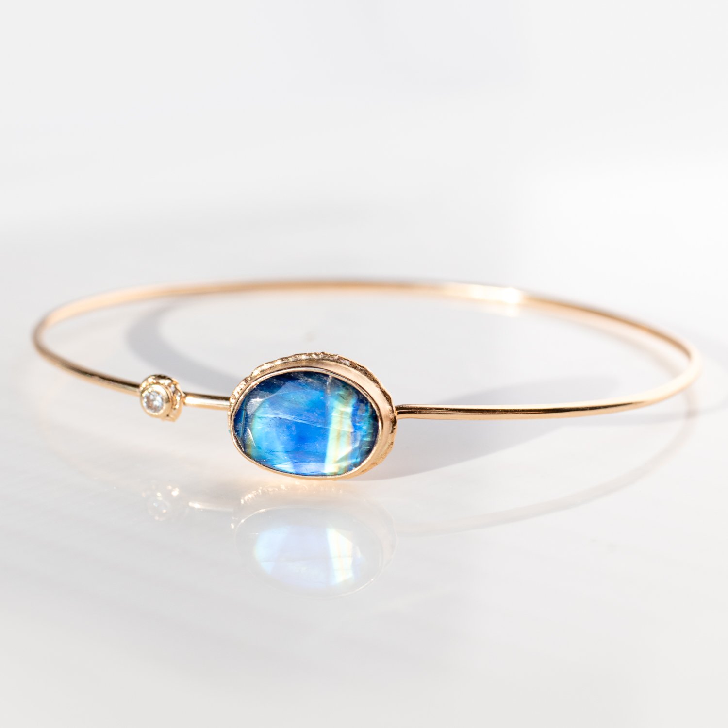 Rainbow moonstone bracelet with diamond in 14k gold by jewelry designer Jamie Joseph