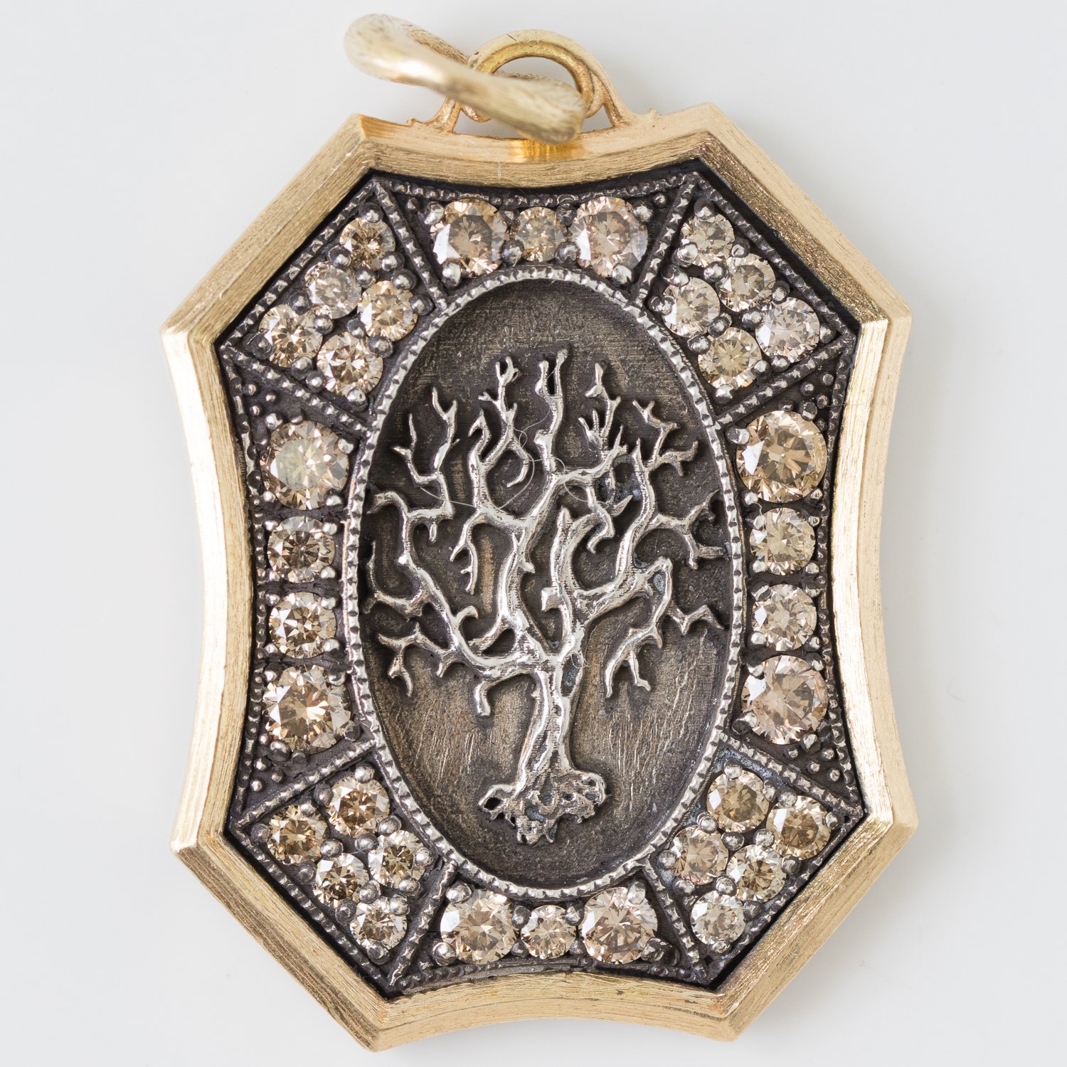 Erica Molinari Trunk Show: ss/18k large family tree shield-"Family where life begins and love never ends" 1.46cts champagne diamonds