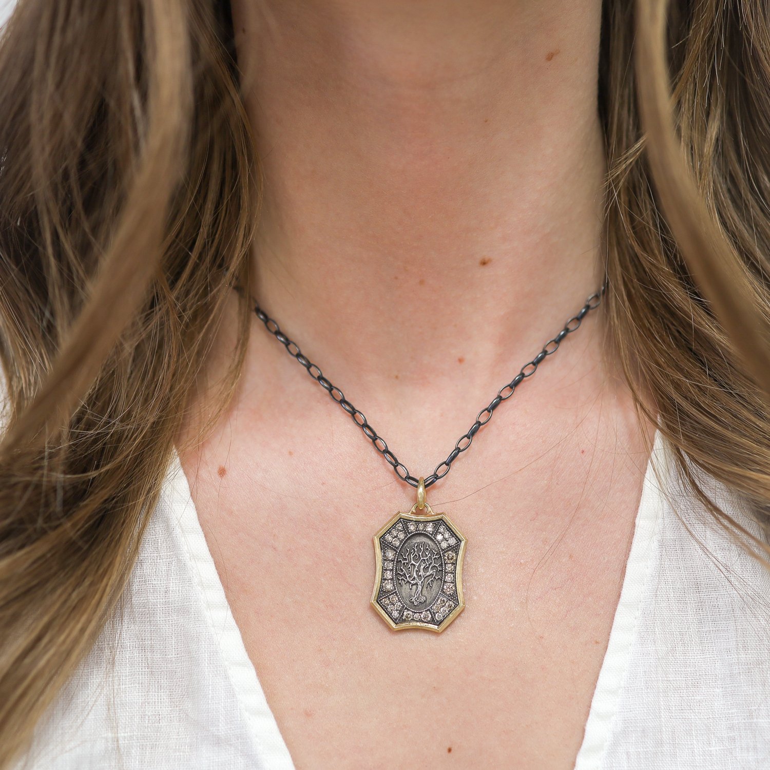 Erica Molinari Trunk Show: ss/18k large family tree shield-"Family where life begins and love never ends" 1.46cts champagne diamonds