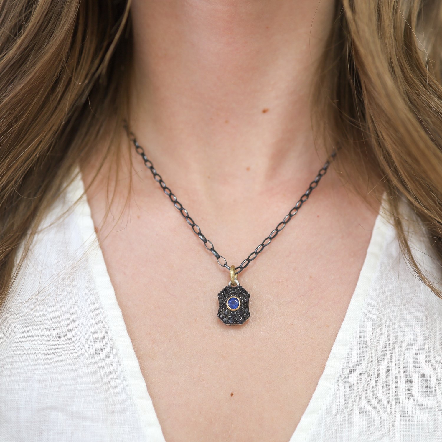 Erica Molinari Trunk Show: ss Medium Black diamond pillow w/blue sapphire center-1.59cts-Tree of life