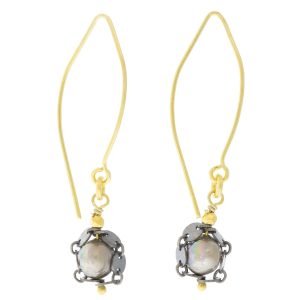Robindira: fashion EARRING, Oxidized SS, 14K gold vermeil, SMALL round silver pearl
