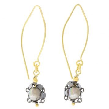 Robindira: fashion EARRING, Oxidized SS, 14K gold vermeil, SMALL round silver pearl