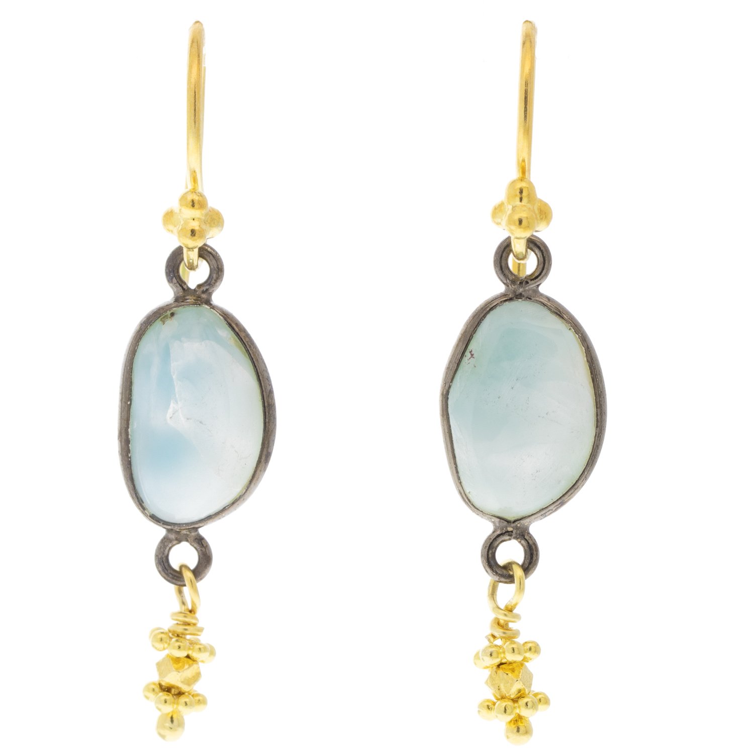 Robindira: Fashion earrings 14K gold vermeil, oxidized SS, larimar