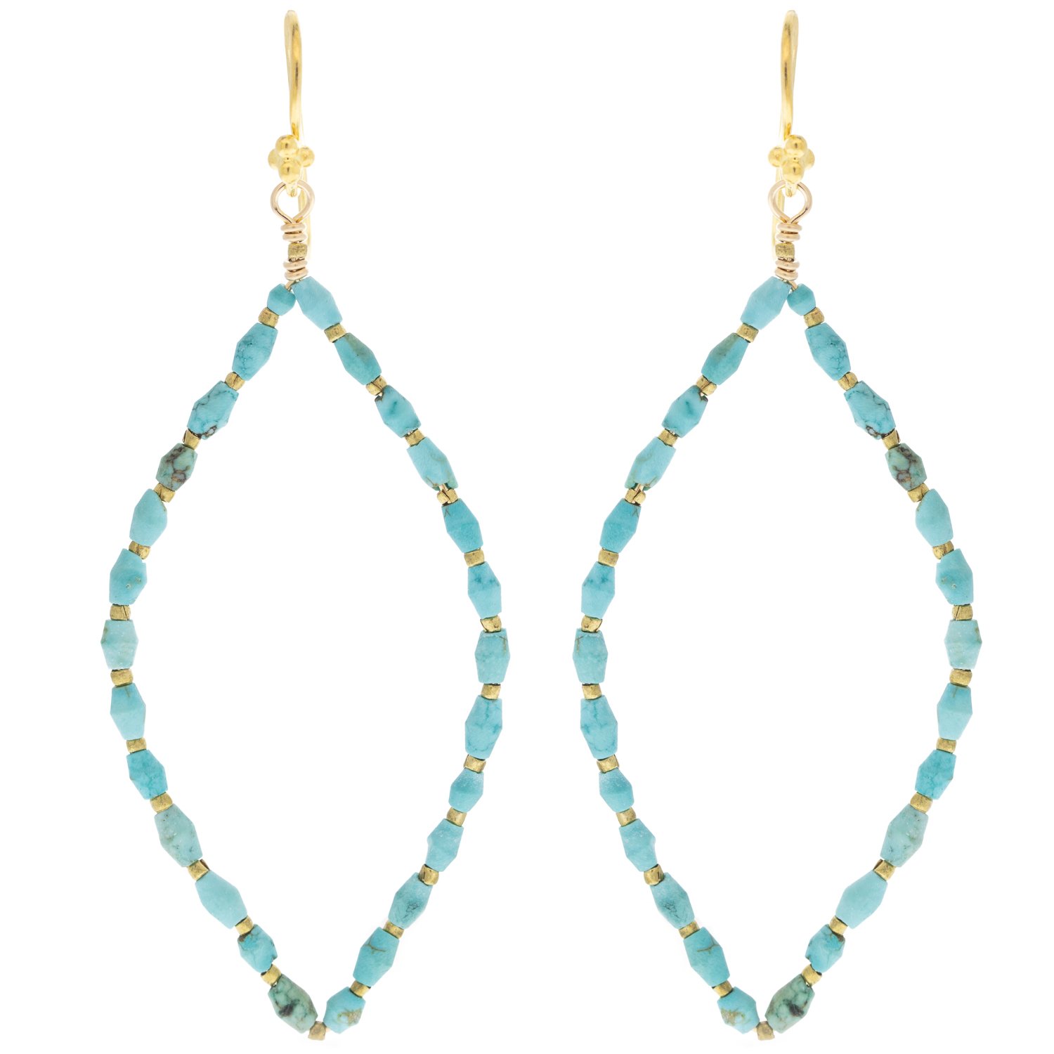 Robindira: Fashion earrings 14K gold vermeil earwires, gold brass beads, bicon turquoise beads, moroccan shape