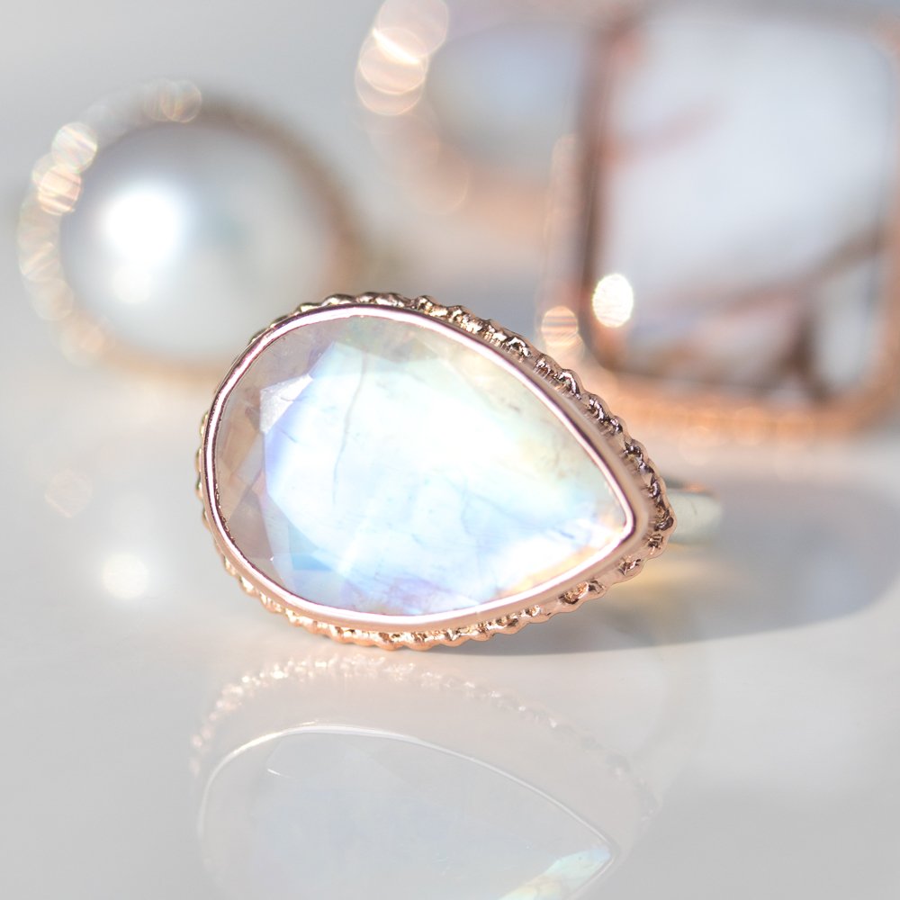 Rainbow moonstone ring in gold and silver by jewelry designer Jamie Joseph