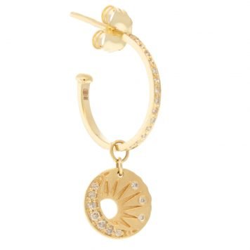 Celine Daoust: Earrings, SINGLE Hoop, Baby Sun and Moon, Diamonds, 1/2 in diameter,  5/16 in diameter, 14K gold.