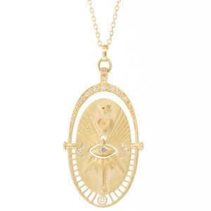 Celine Daoust: Necklace, Mandala Sun and Small Dangling Eye, 1 3/16 x 11/16, 16 in length, 14K gold.