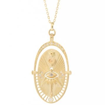 Celine Daoust: Necklace, Mandala Sun and Small Dangling Eye, 1 3/16 x 11/16, 16 in length, 14K gold.
