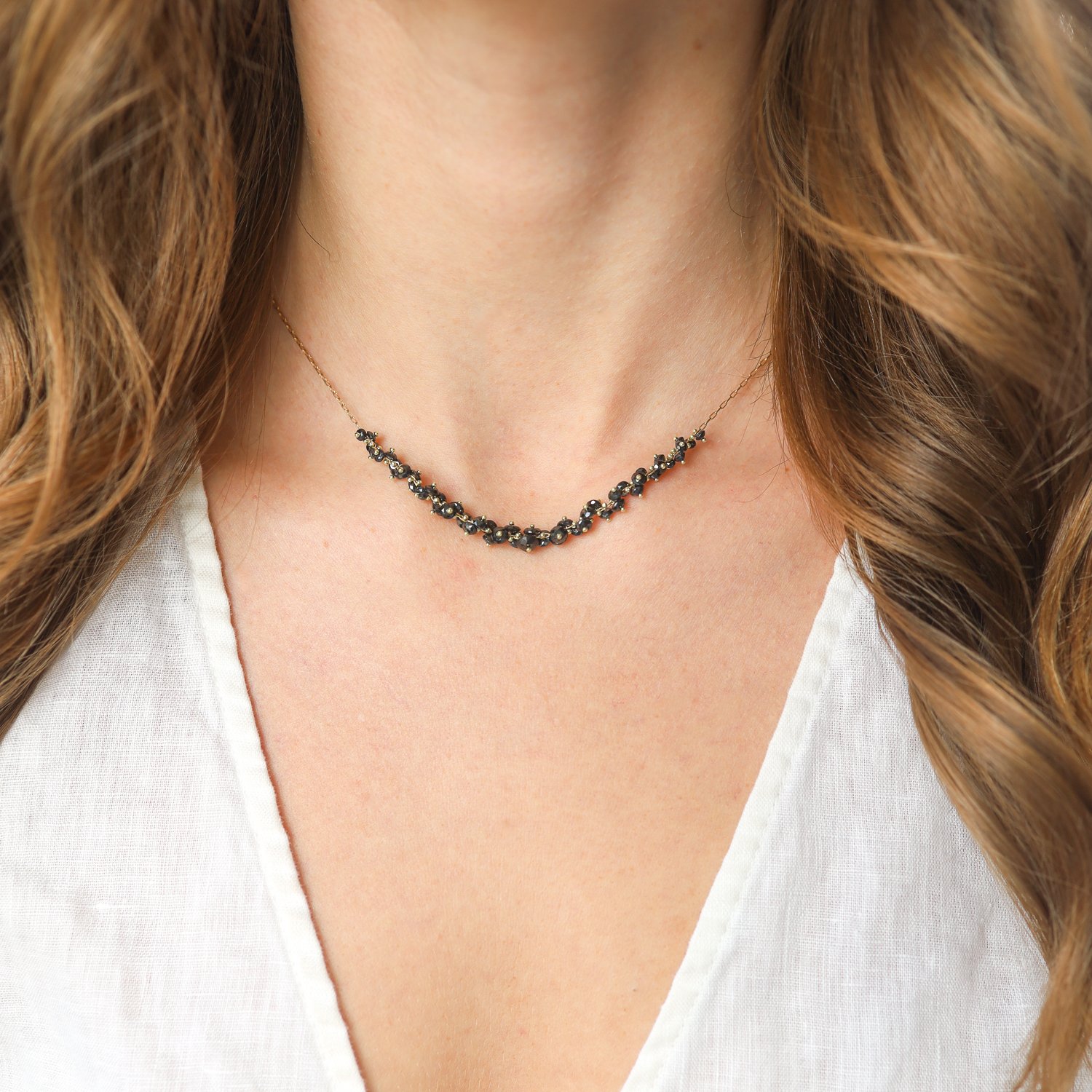 Ten Thousand Things: Black Diamond Beaded X-Long Clust, 18K Gold, Measures 16 in length