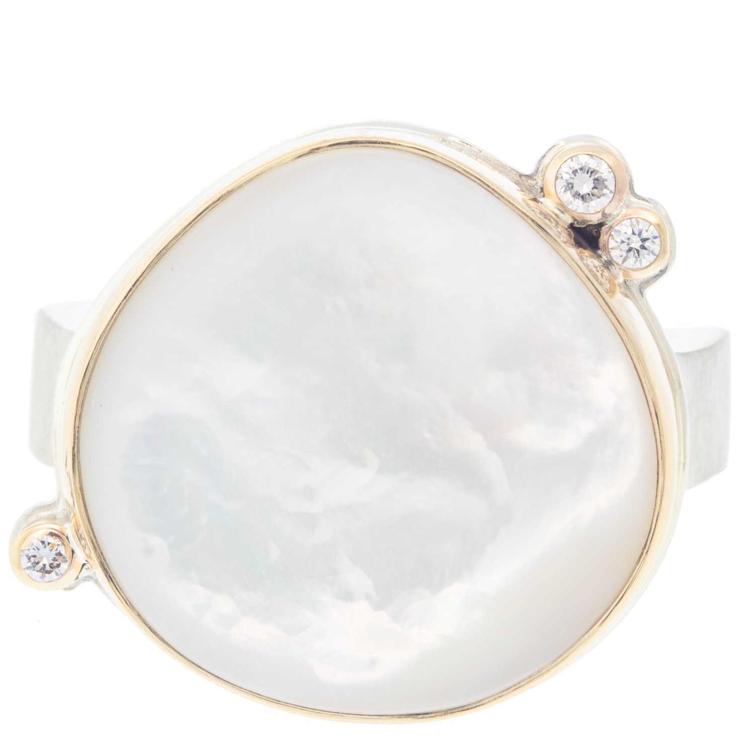 Jamie Joseph: Ring, Asymmetrical Smooth White Mother of Pearl, Triple Satellite Diamonds .08TCW, Live Edge Band, Sterling Silver, 14K Gold, Size 8.