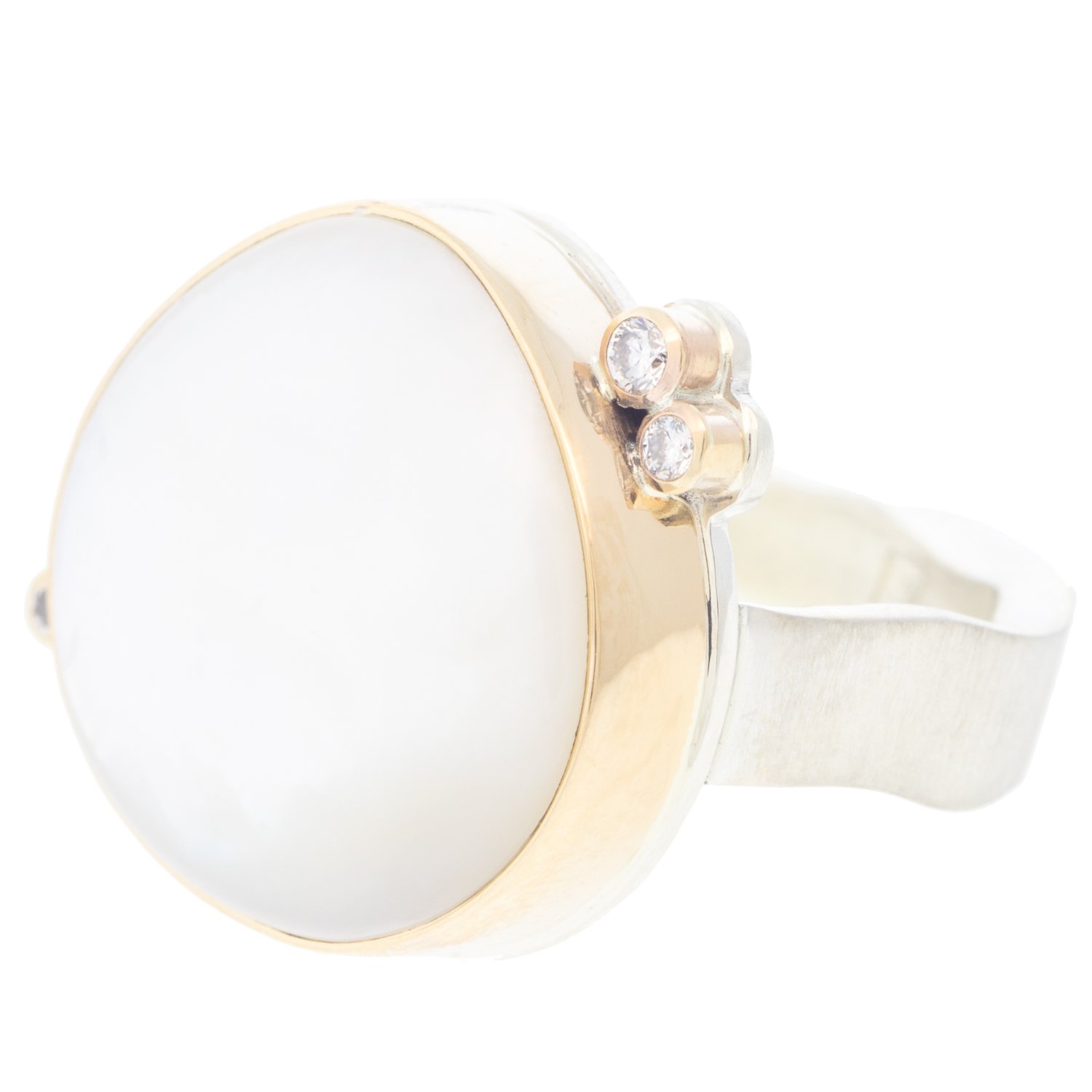 Jamie Joseph: Ring, Asymmetrical Smooth White Mother of Pearl, Triple Satellite Diamonds .08TCW, Live Edge Band, Sterling Silver, 14K Gold, Size 8.