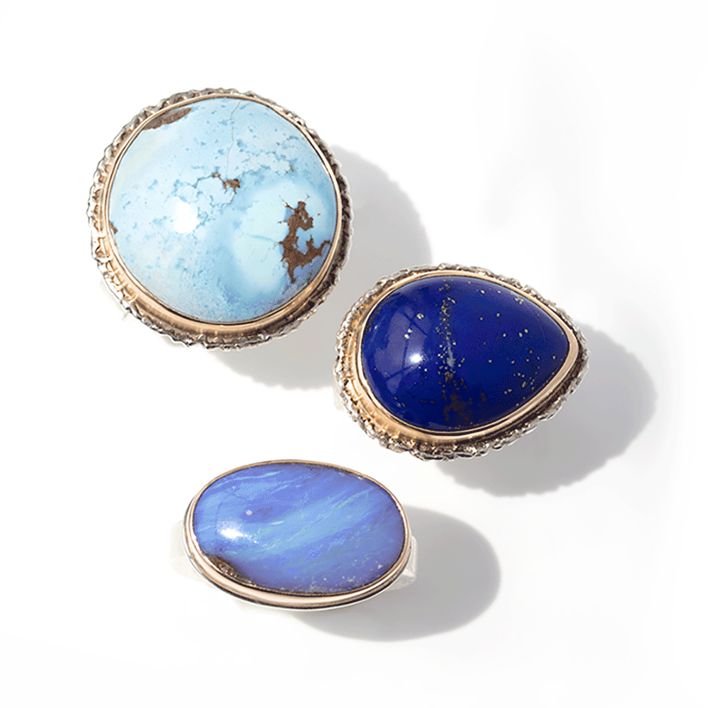 Jewelry for Change raffle for gold and silver turquoise, lapis, and opal rings by jewelry designer Jamie Joseph
