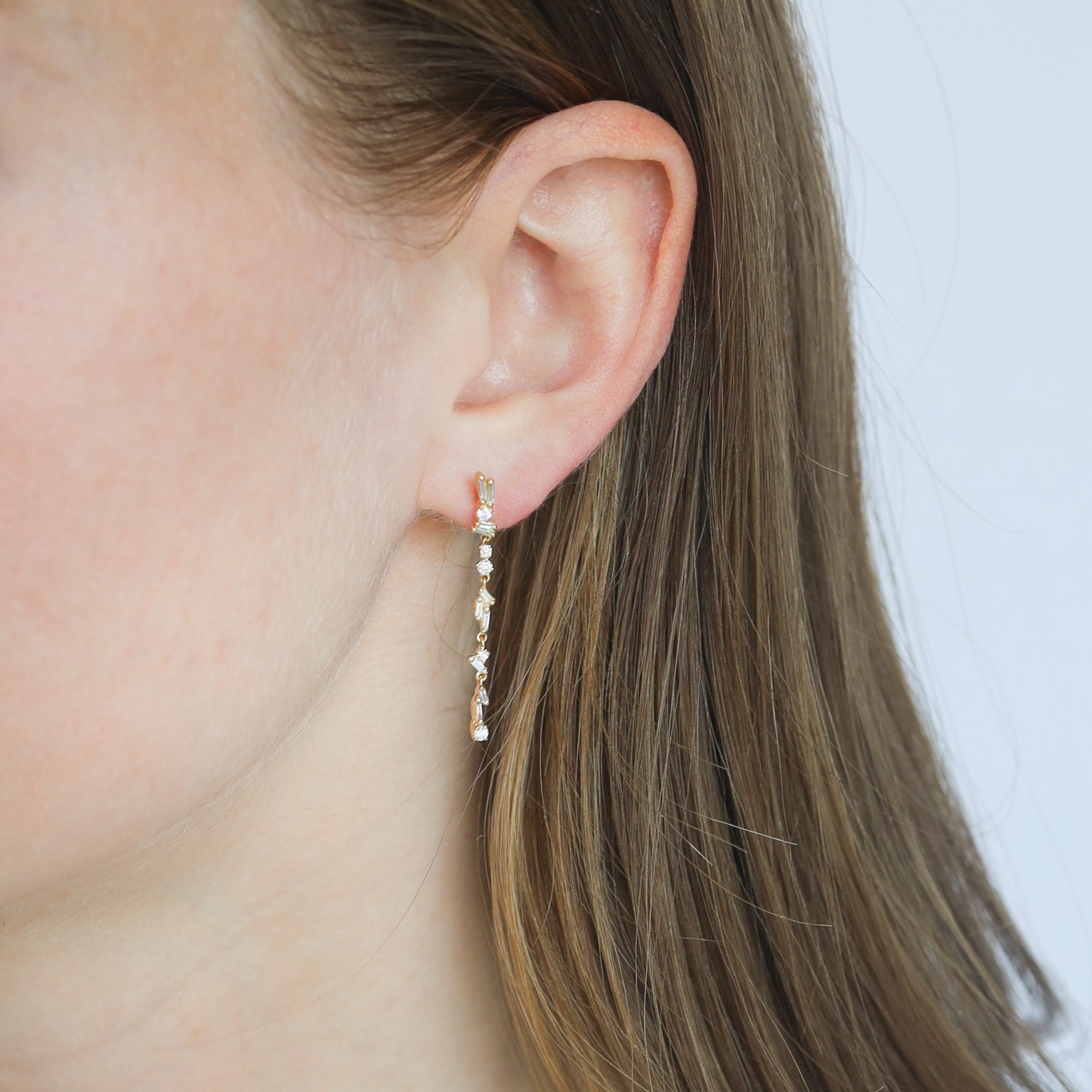 Suzanne Kalan: Earrings, Drop, 18K Gold, White Baguette Diamonds .30ct, White Round Diamonds on Firework Setting .20ct.