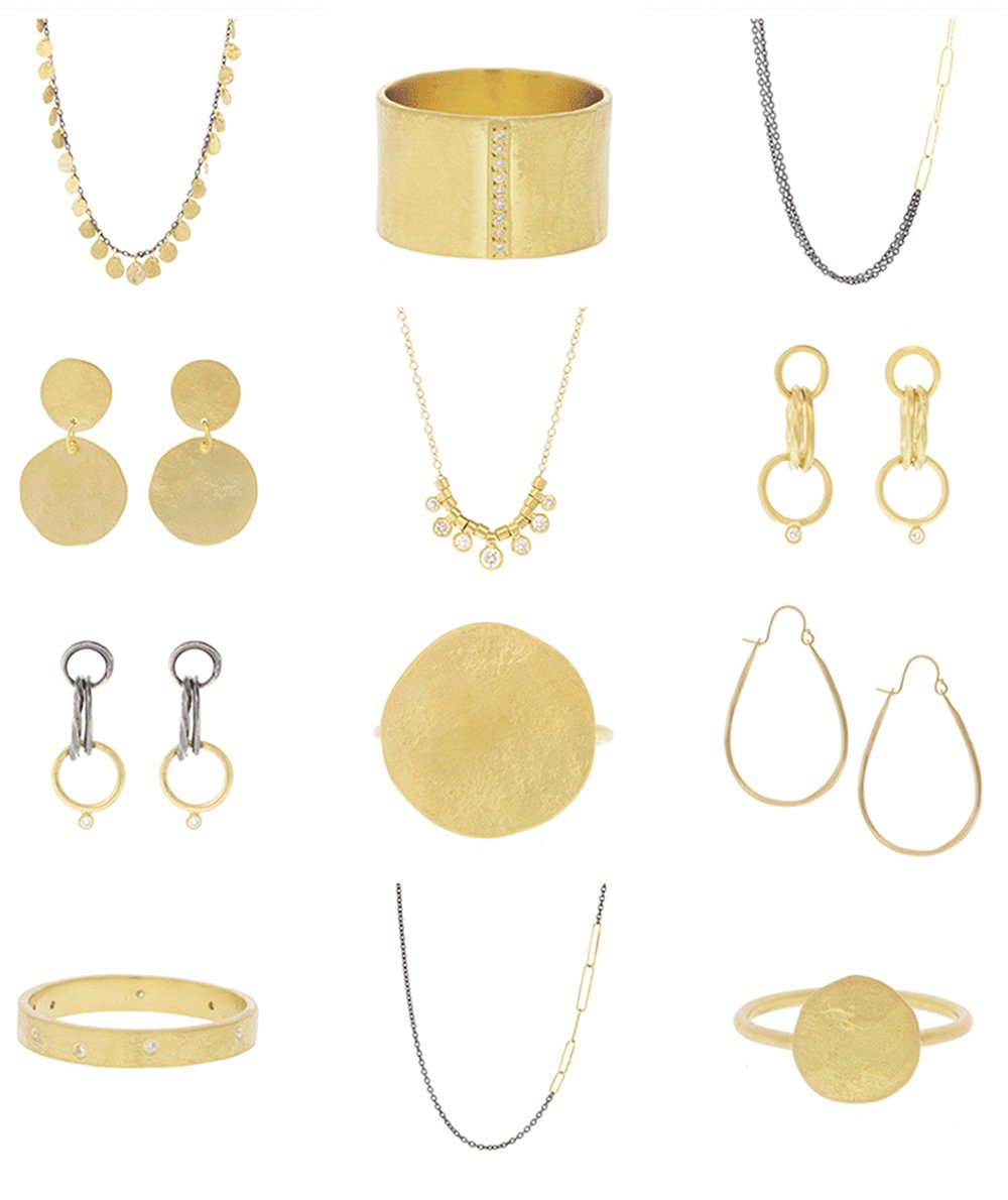 Gold and diamond earrings, necklaces, and rings by jewelry designer Sarah McGuire
