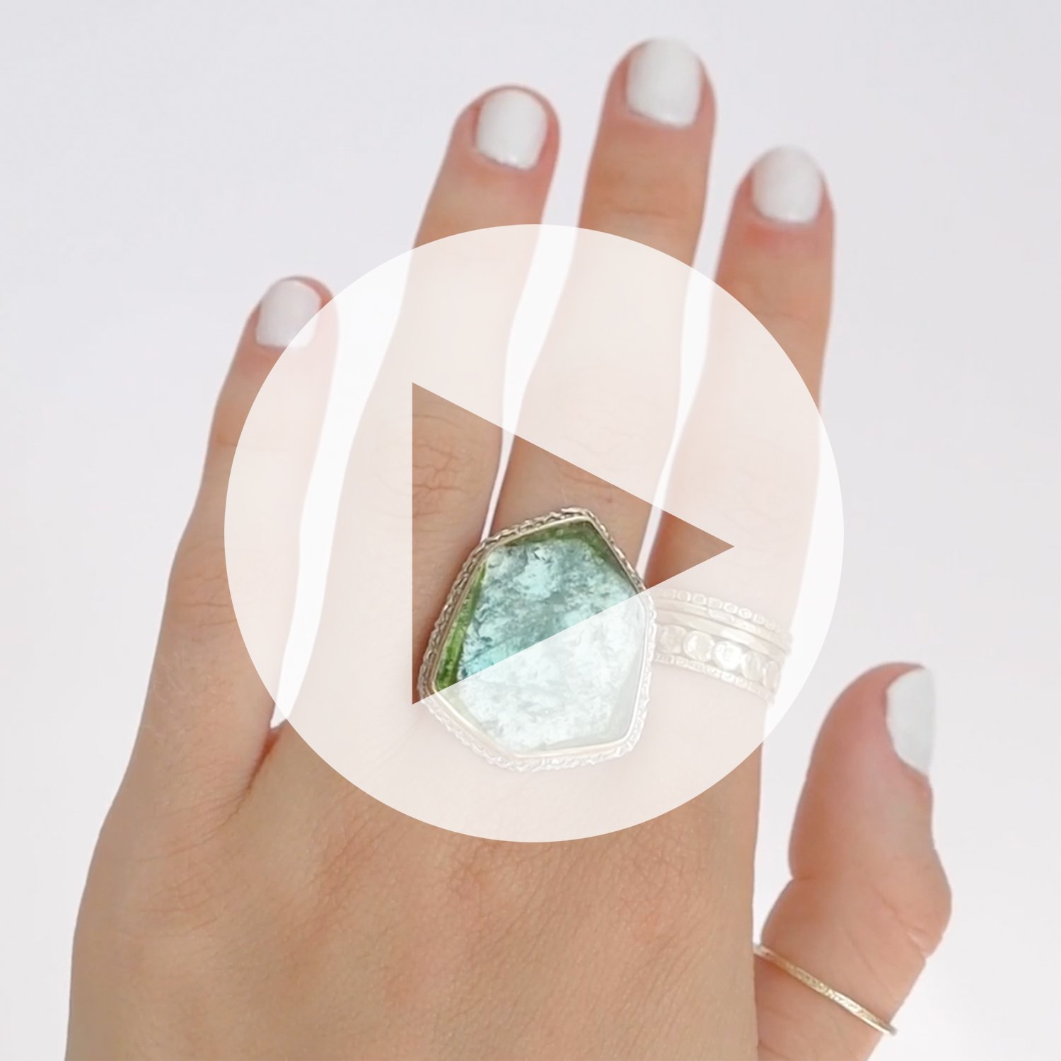 Jamie Joseph: SS & 14K gold ring w/ vertical green tourmaline slice on lava platform and comfort band size 7.25 7/8 x 3/4