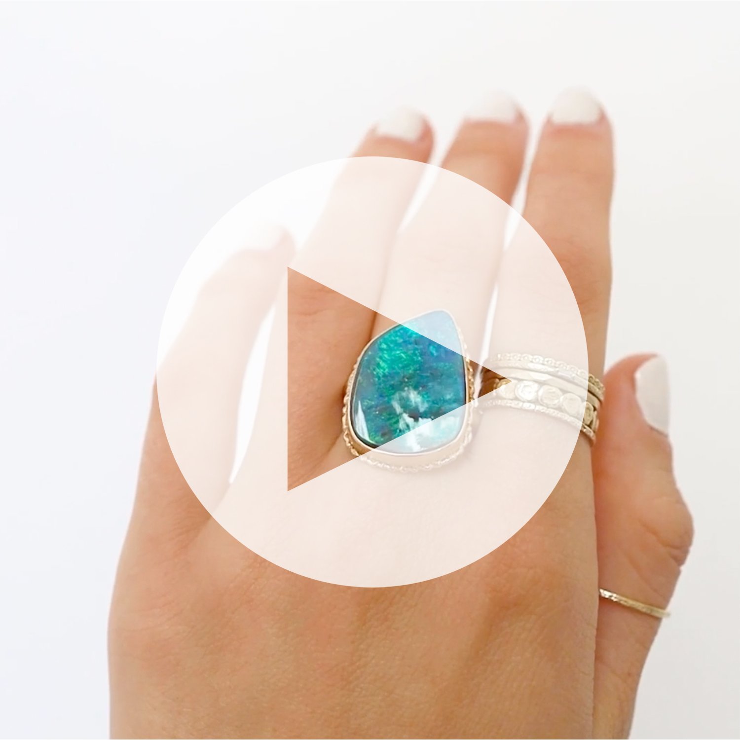 Jamie Joseph: Ring, Vertical asymmetrical, 14K gold bezel set boulder opal on ruffled platform, middle organic band, Currently available in size 7 1/4