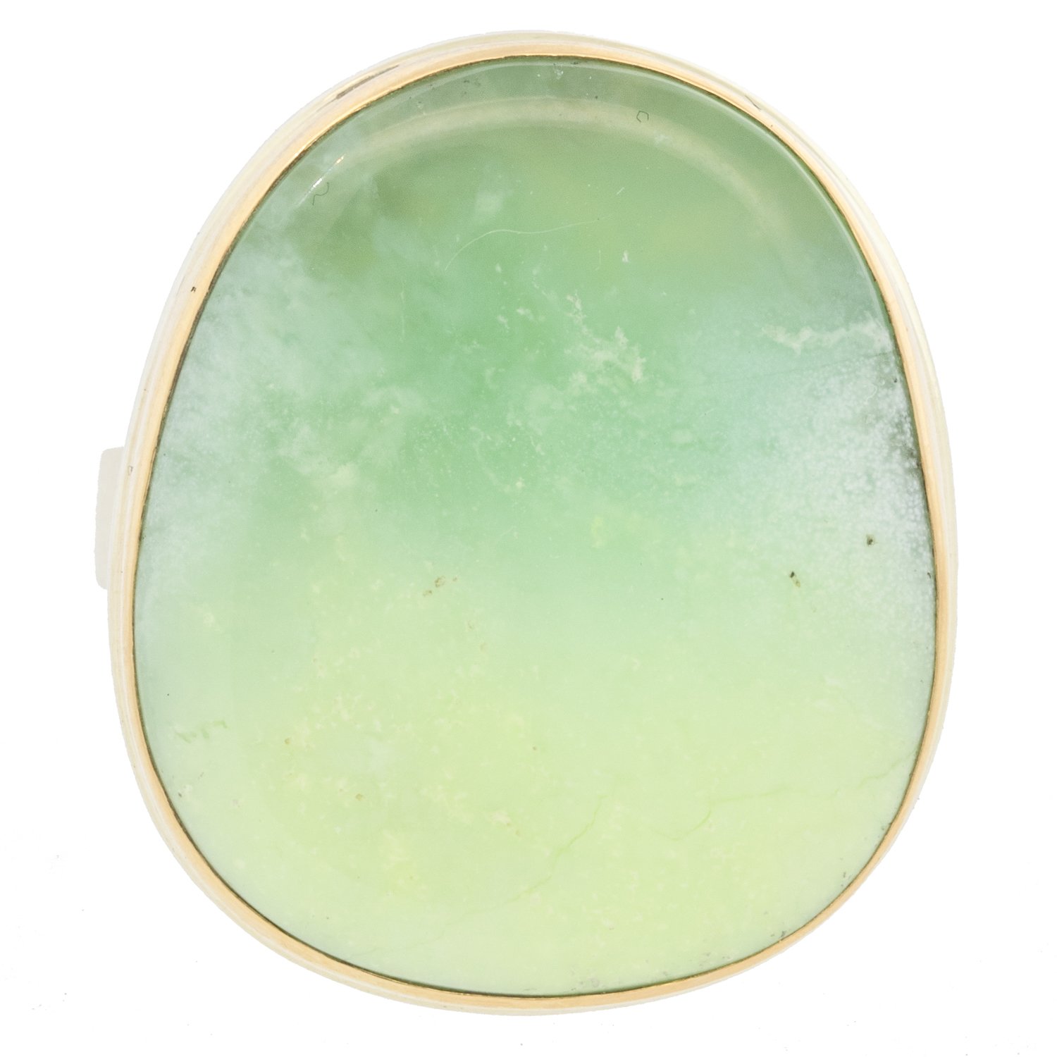 Jamie Joseph: Ring, Vertical asymmetrical smooth, 14K yellow gold bezel set citron magnesite, Sterling silver tapered X band, Stone measures 1 x 13/16, Currently available in size 7 1/2