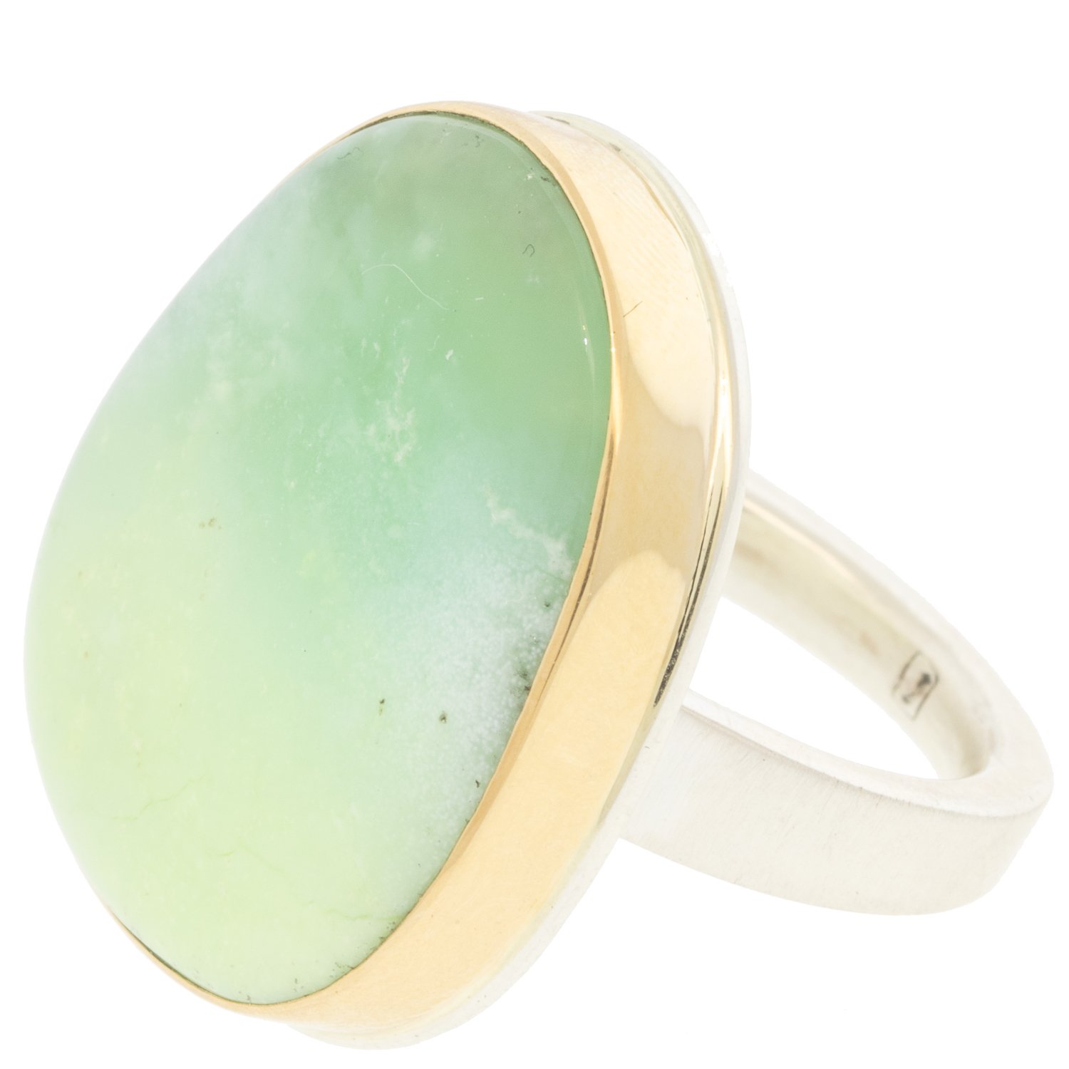 Jamie Joseph: Ring, Vertical asymmetrical smooth, 14K yellow gold bezel set citron magnesite, Sterling silver tapered X band, Stone measures 1 x 13/16, Currently available in size 7 1/2