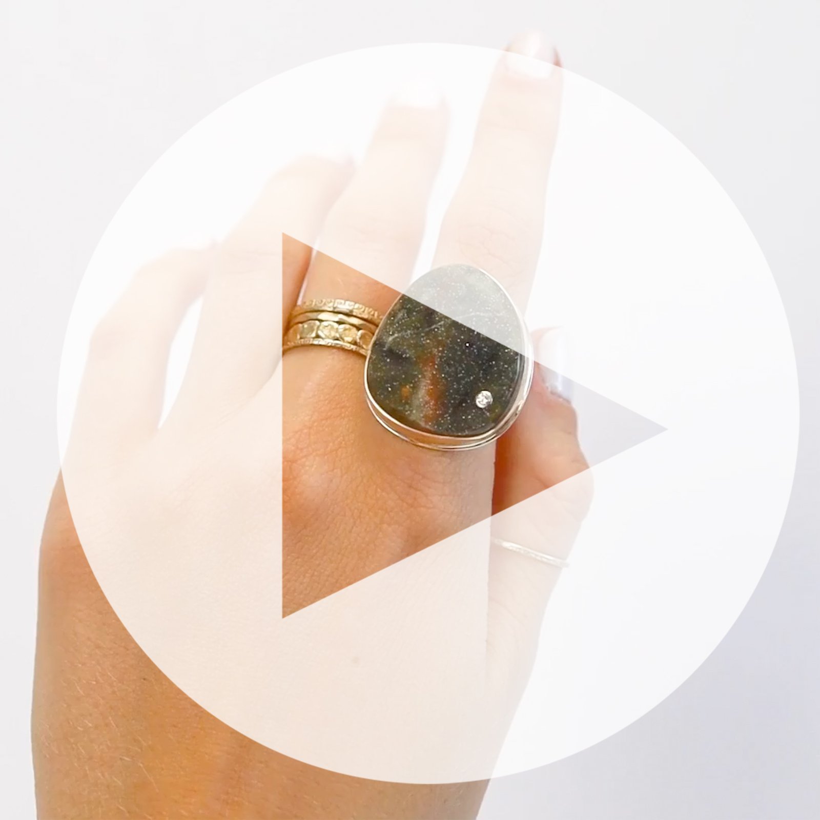 Jamie Joseph: Ring, Vertical asymmetrical, 14K yellow gold bezel set Turkish green drusy, Diamond, .03ct, Sterling silver Y band, Stone measures 1 1/16 x 7/8, Currently available in size 8 1/4