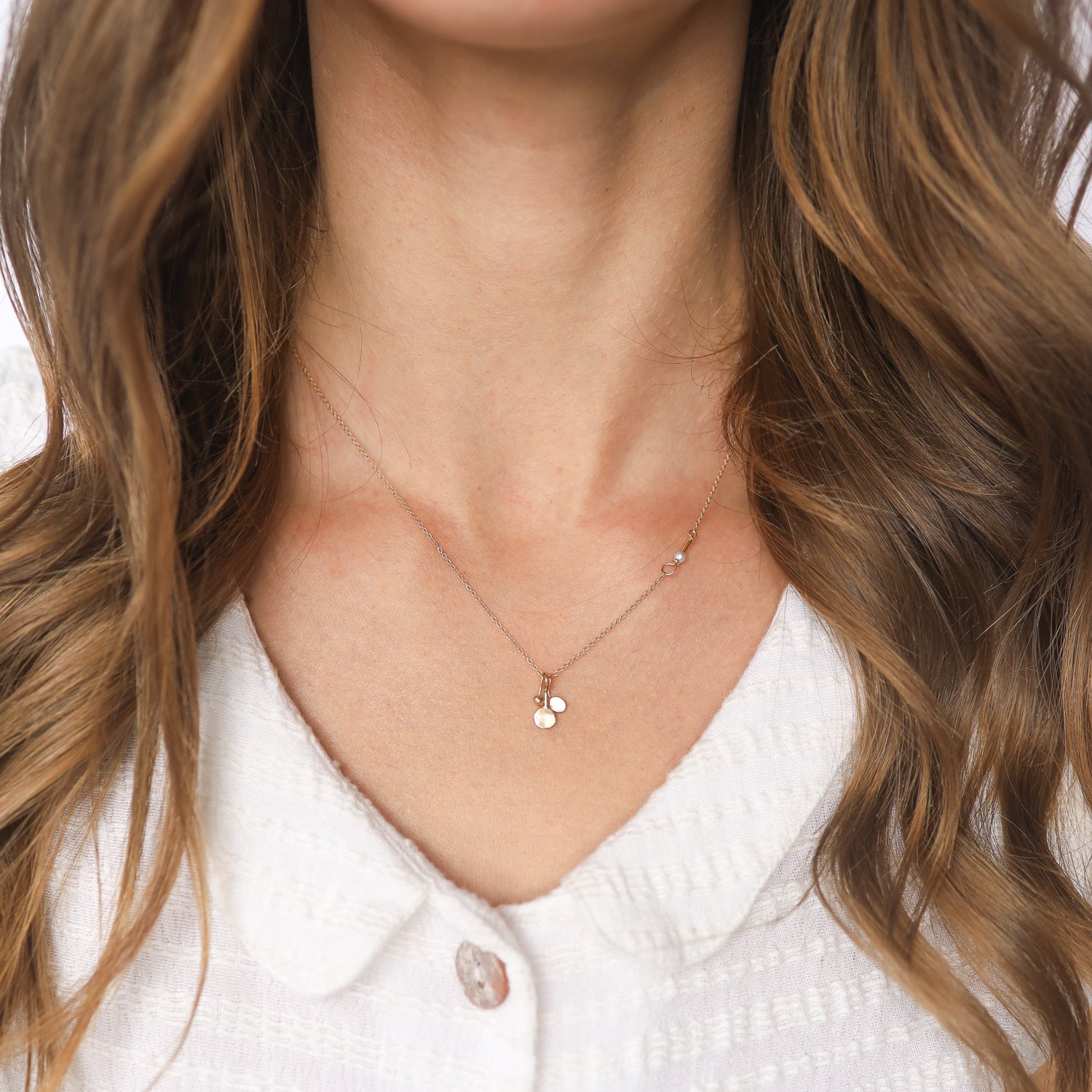 Jane Hollinger: 14k Gold Chain necklace w/ Fine Silver, 14k Handmade Drop Nuggets, 18k beads, Tiny Pearl Accents