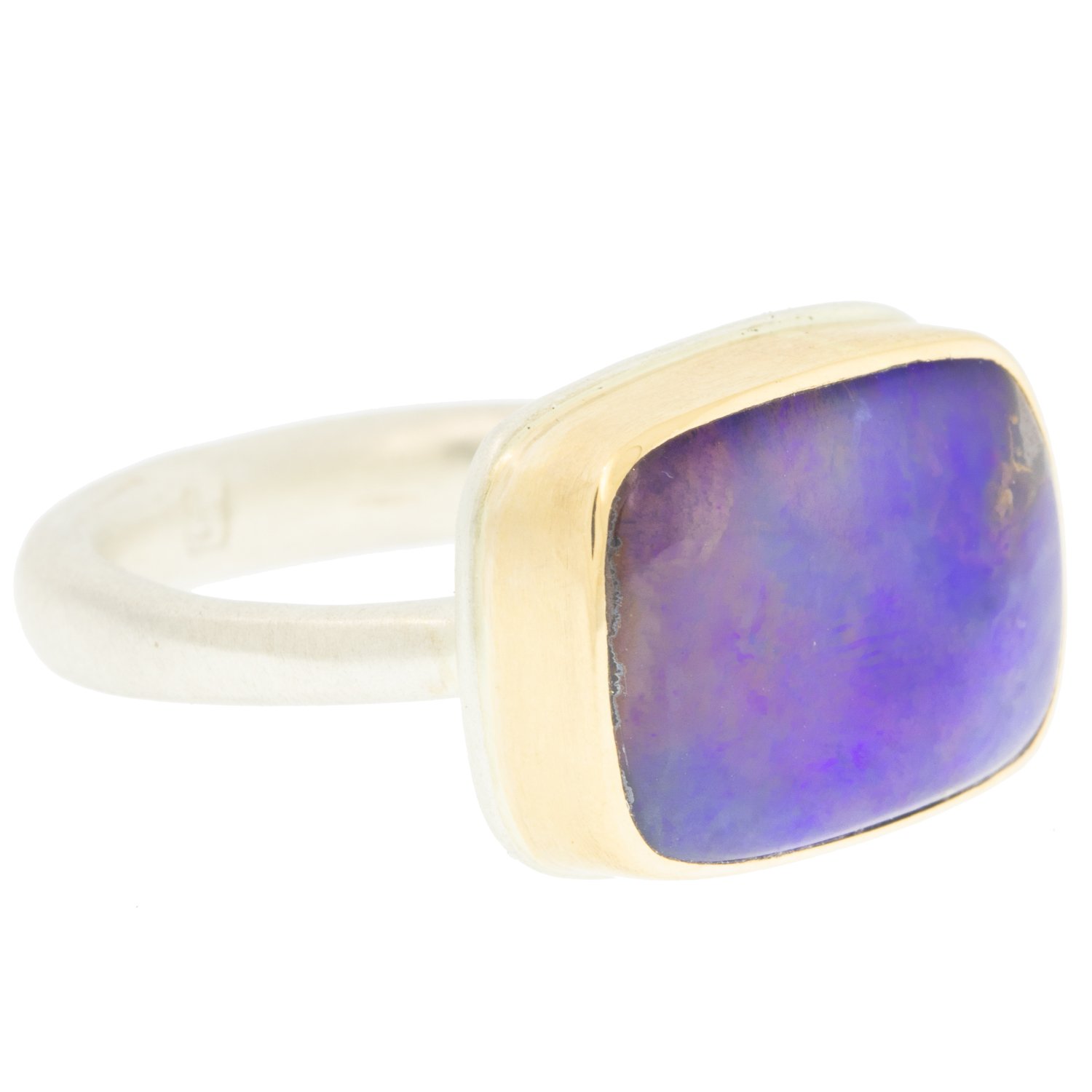 Jamie Joseph: Ring, Rectangular, 14K yellow gold bezel set boulder opal, Sterling silver Egyptian band, Stone measures 7/16 x 5/8, Currently available in size 7 1/4