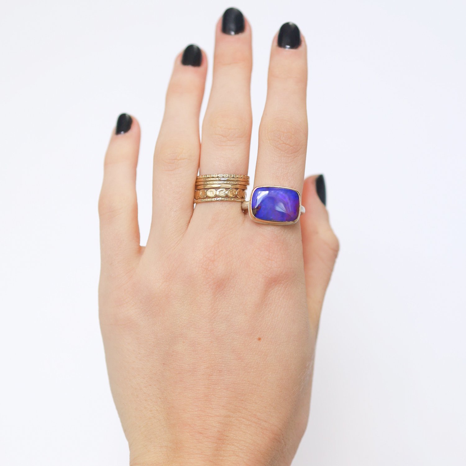Jamie Joseph: Ring, Rectangular, 14K yellow gold bezel set boulder opal, Sterling silver Egyptian band, Stone measures 7/16 x 5/8, Currently available in size 7 1/4
