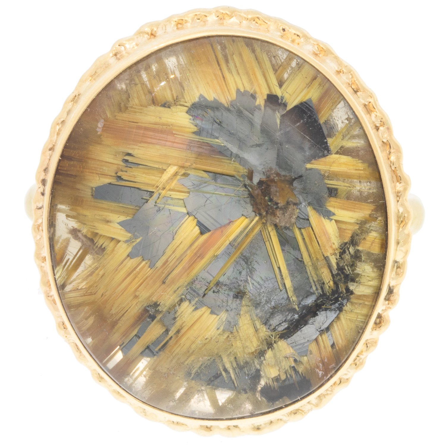 Jamie Joseph: Ring, Vertical oval smooth, 14K gold bezel set rutilated quartz on ruffled platform, 14K yellow gold dent band, Stone measures / x /, Currently available in size