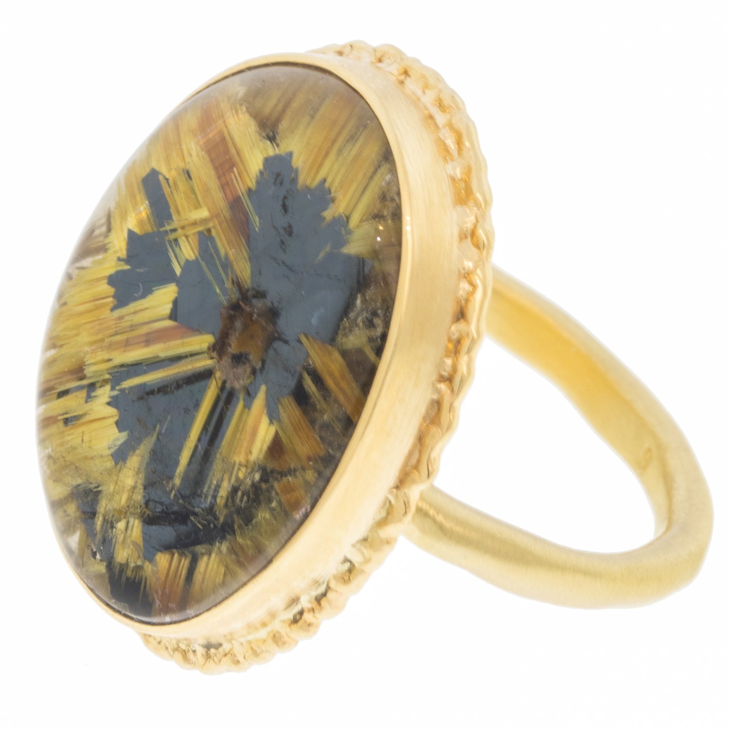 Jamie Joseph: Ring, Vertical oval smooth, 14K gold bezel set rutilated quartz on ruffled platform, 14K yellow gold dent band, Stone measures / x /, Currently available in size